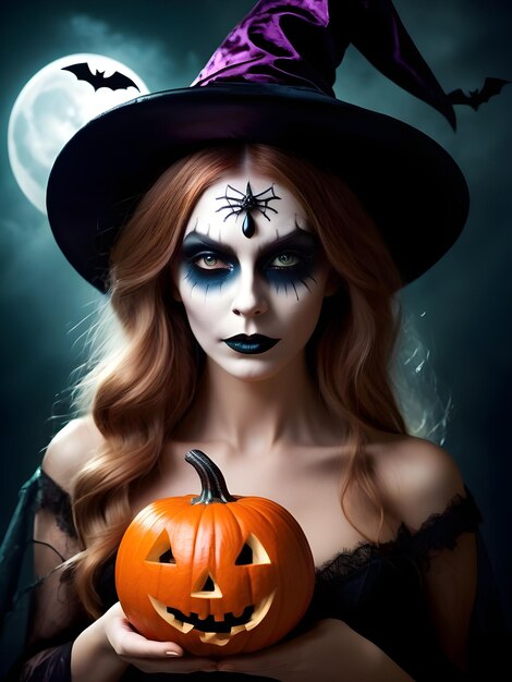 Belle femme en costume de sorcière avec maquillage d'Halloween citrouilles et chauves-souris aux bougies d'Halloween