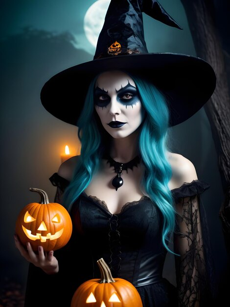 Belle femme en costume de sorcière avec maquillage d'Halloween citrouilles et chauves-souris aux bougies d'Halloween