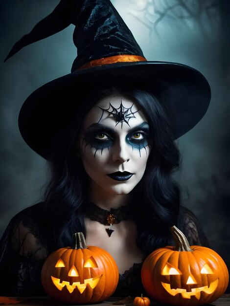 Belle femme en costume de sorcière avec maquillage d'Halloween citrouilles et chauves-souris aux bougies d'Halloween