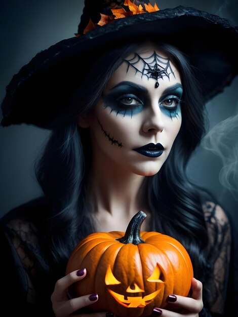 Belle femme en costume de sorcière avec maquillage d'Halloween citrouilles et chauves-souris aux bougies d'Halloween
