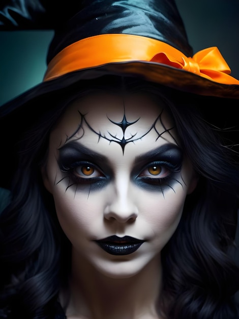 Belle femme en costume de sorcière avec maquillage d'Halloween citrouilles et chauves-souris aux bougies d'Halloween