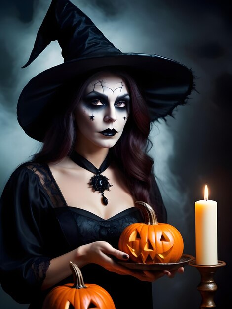 Belle femme en costume de sorcière avec maquillage d'Halloween citrouilles et chauves-souris aux bougies d'Halloween