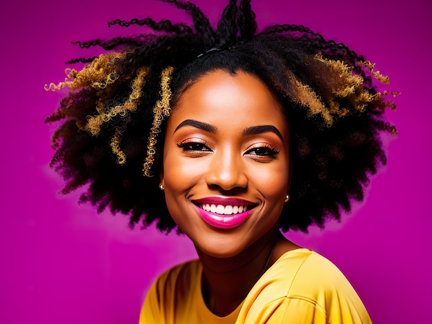 Une belle femme avec une coupe de cheveux afro en chemise jaune sur fond violet