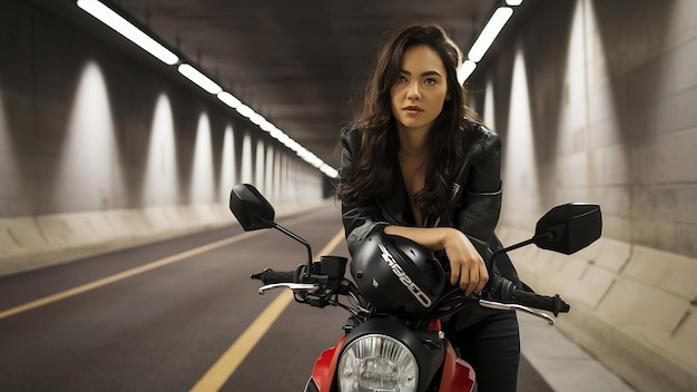 Une belle femme courageuse s'appuie sur sa moto dans le tunnel elle tient un casque