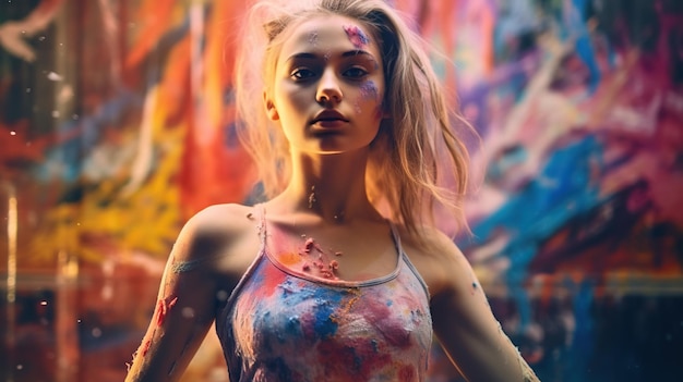 Une belle femme couverte de peintures multicolores
