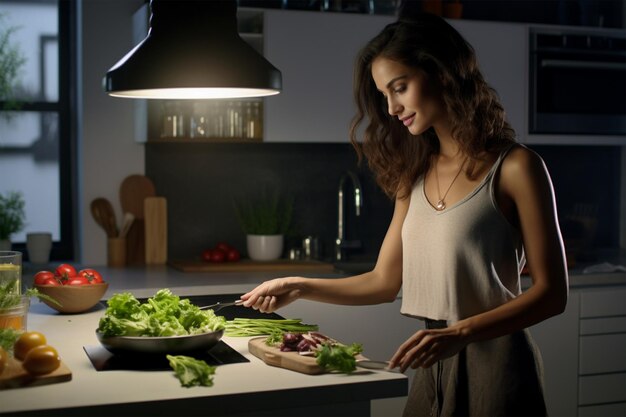 une belle femme cuisinant dans une cuisine moderne.