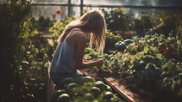 Belle femme cultive ses propres légumes biologiques frais dans un petit jardin ai générative
