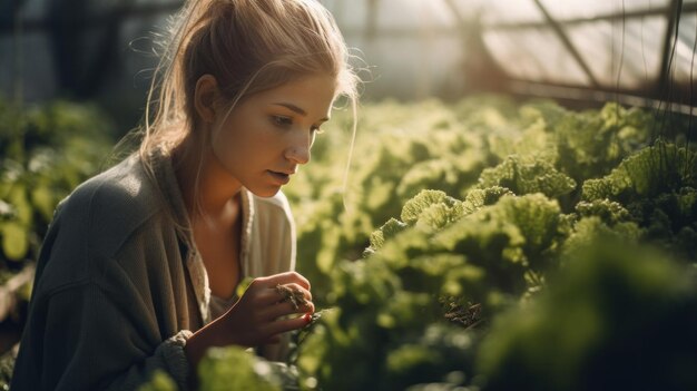 Belle femme cultive ses propres légumes biologiques frais dans un petit jardin ai générative