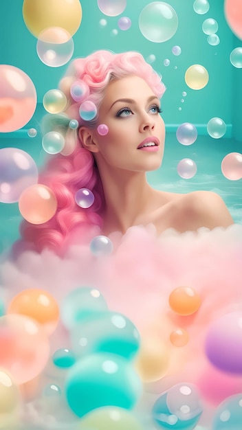 Une belle femme dans le bain et des bulles colorées dans l'air