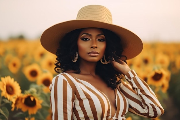 Belle femme dans un chapeau de paille debout dans un champ de tournesol