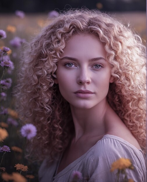 Une belle femme dans une clairière avec des fleurs