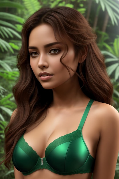 une belle femme dans la jungle posant pour des publicités de sous-vêtements