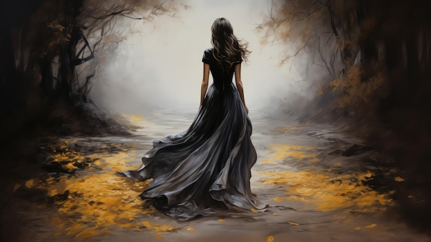 Belle femme dans une longue robe de bal coulante dans le parc d'automne Longue bannière palette de couleurs noir et or