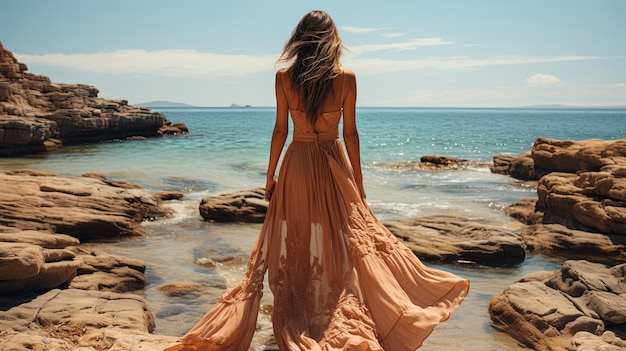 Une belle femme dans une longue robe élégante regarde les vagues de la mer sur une plage d'été sablonneuse sereine vue arrière AI générative