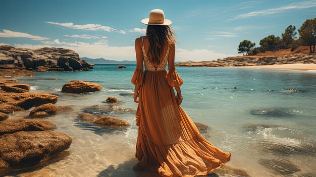 Une belle femme dans une longue robe élégante regarde les vagues de la mer sur une plage d'été sablonneuse sereine vue arrière AI générative