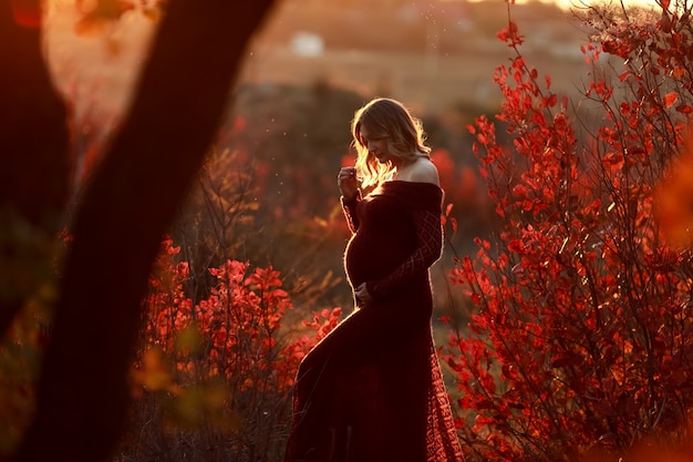 Belle femme dans une longue robe rouge dans les rayons du coucher du soleil dans la forêt d'automne