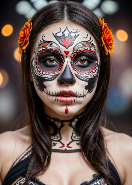 Une belle femme dans un maquillage et des vêtements de style Jour des Morts