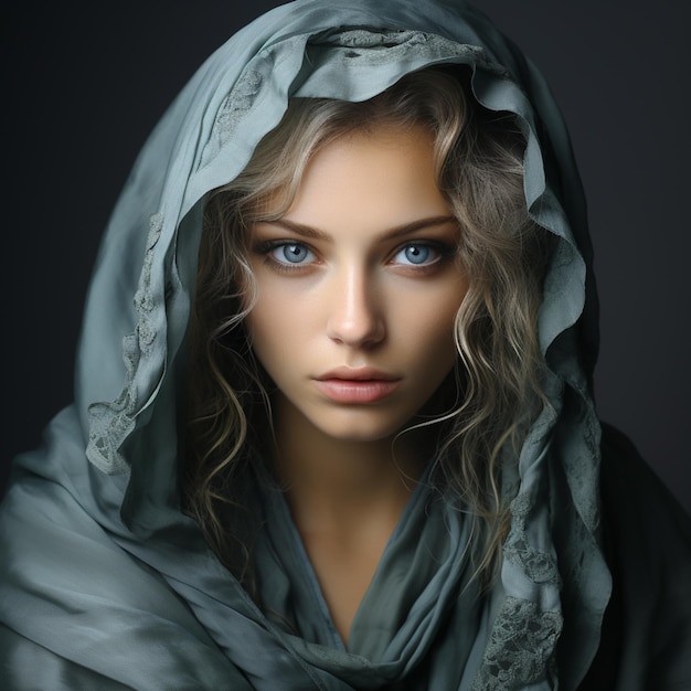 Une belle femme dans un mouchoir bleu dans le style du portrait éthéré image uhd photo mate yeux expressifs vert clair et gris clair photographie de mode audacieuse