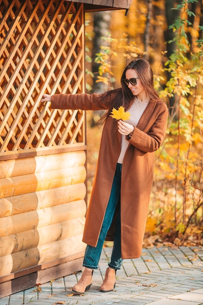 Belle femme dans le parc automne sous le feuillage d'automne