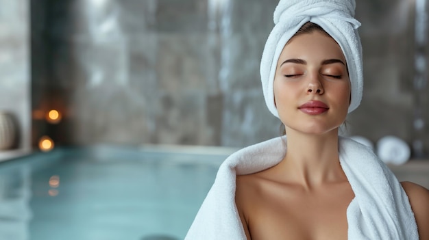 Une belle femme dans une piscine d'un hôtel de luxe