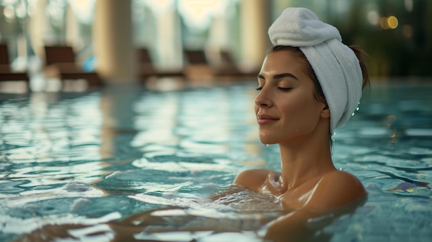 Une belle femme dans une piscine d'un hôtel de luxe