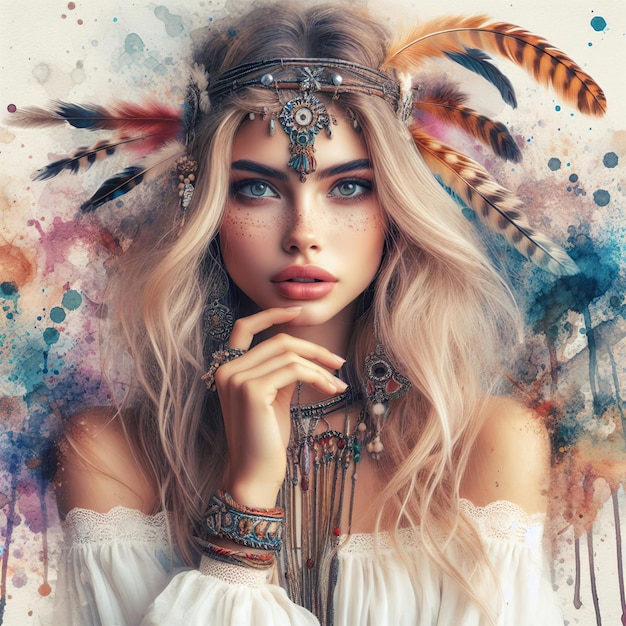 Une belle femme dans une robe bohémienne blanche ornée d'une coiffure en plumes et de bijoux ethniques