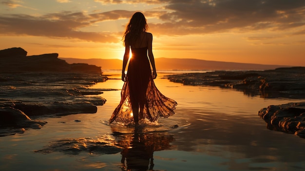 une belle femme dans une robe avec un sac à dos sur la plage