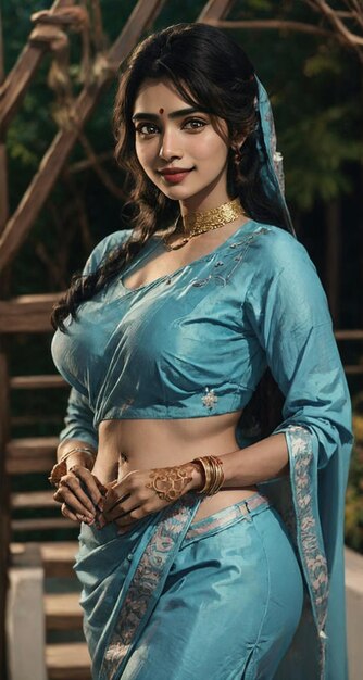 une belle femme dans un sari bleu