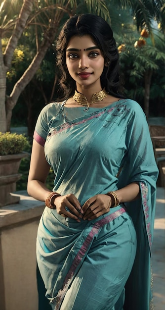 une belle femme dans un sari bleu