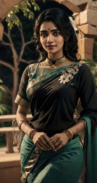 une belle femme dans un sari vert