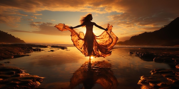 Photo une belle femme danse gracieusement sur la plage au bord de la mer un jour d'été, ses mouvements fluides et sans effort incarnant l'essence de la joie et de la liberté generative ai