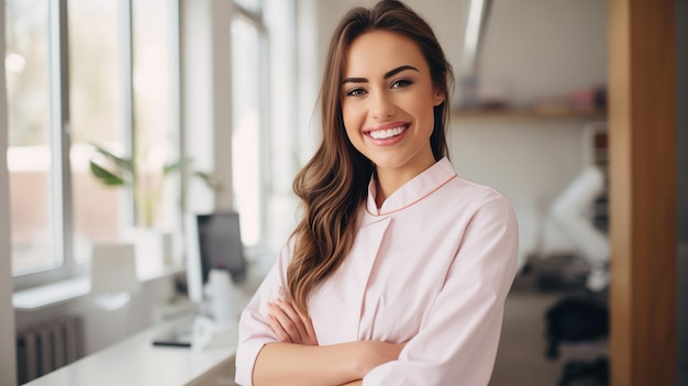 Une belle femme dentiste sourit dans son bureau