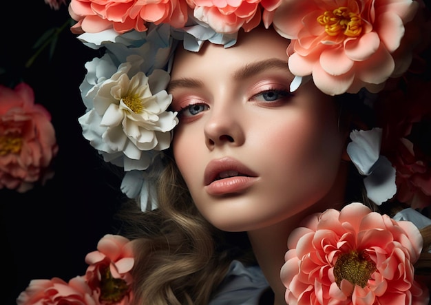 Une belle femme avec du maquillage et une coiffure avec des fleurs en fleurs portrait de beauté à la modeAI Generative