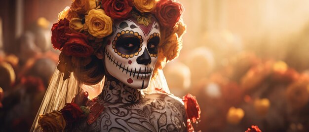 Belle femme avec du maquillage de crânes mexicains sur le visage et habillée pour le jour des morts au Mexique