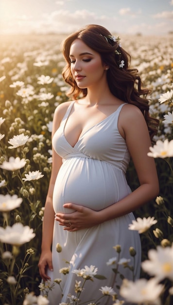 Une belle femme enceinte dans un champ de fleurs avec une femme enceinte en robe blanche