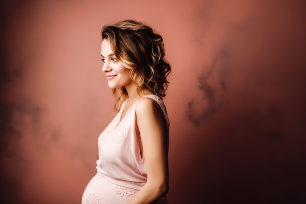 Belle femme enceinte dans une robe rose sur fond rose Generative AI