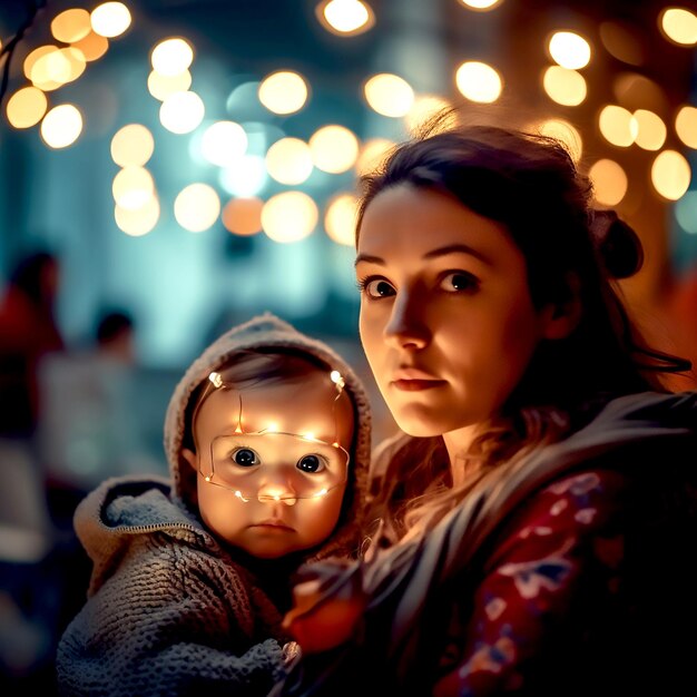 Belle femme avec un enfant dehors la nuit