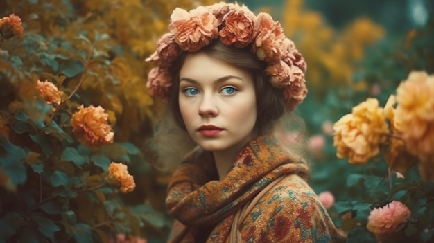 Belle femme entourée de fleurs jolie dame roses été coloré amour IA générative