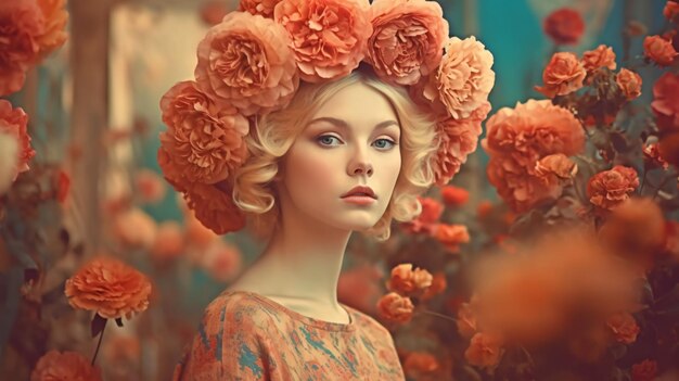 Belle femme entourée de fleurs jolie dame roses été coloré amour IA générative