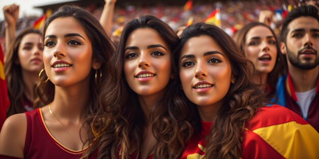 Photo belle femme espagnole avec ses amis applaudissant un match de football