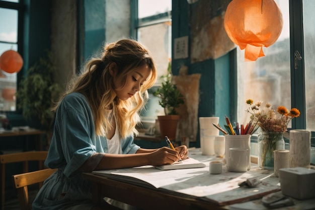 Photo belle femme étudie dans un café