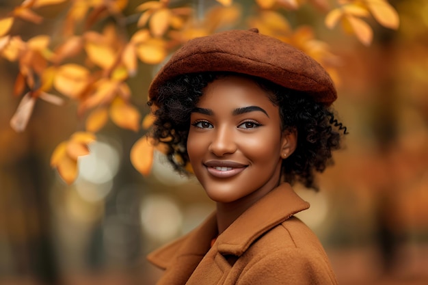 Une belle femme européenne en béret brun apprécie une bonne journée.