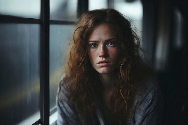 une belle femme avec une expression triste sur son visage regardant par la fenêtre