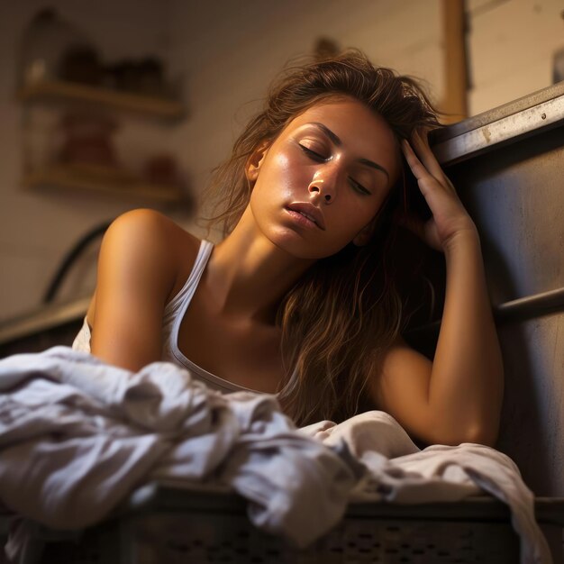 Photo belle femme fatiguée à côté de la machine à laver