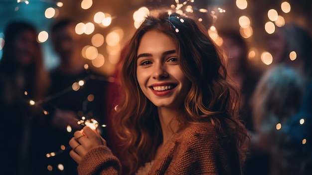 Belle femme à une fête de Noël, soirée du Nouvel An, lumières confortables.