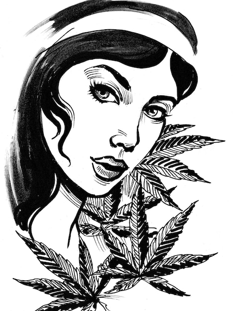 Belle femme et feuilles de cannabis. Dessin noir et blanc à l'encre