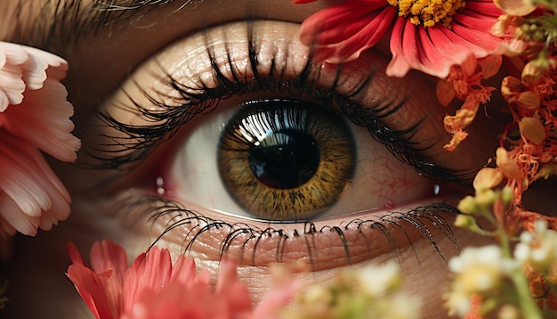 Photo belle femme avec une fleur violette regardant la caméra avec joie générée par l'intelligence artificielle