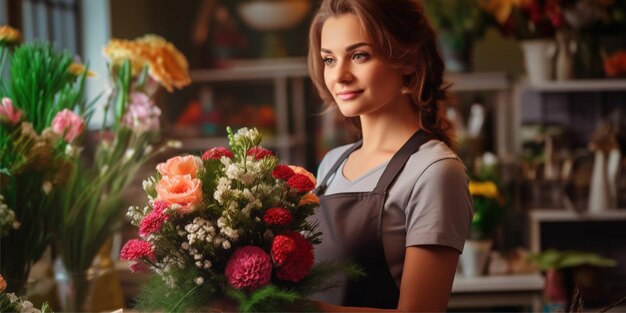 Photo belle femme fleuriste de fond