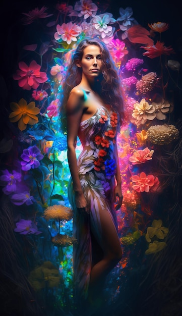 Belle femme avec des fleurs colorées. IA générative.