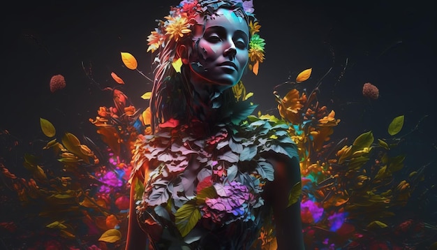 Belle femme avec des fleurs colorées. IA générative.